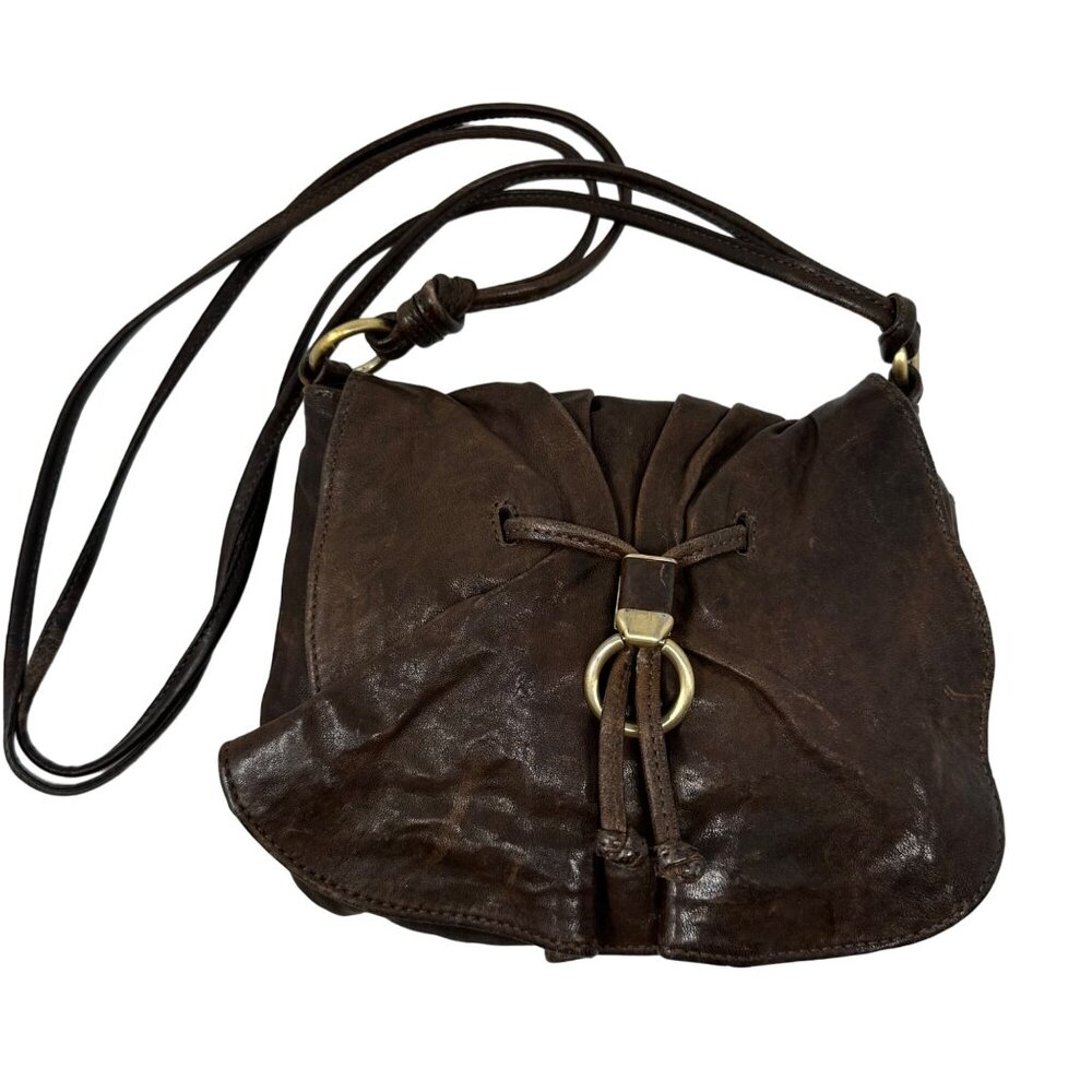 Cole Haan Brown Leather Crossbody Bag Distressed Brass Hardware Flap Closure